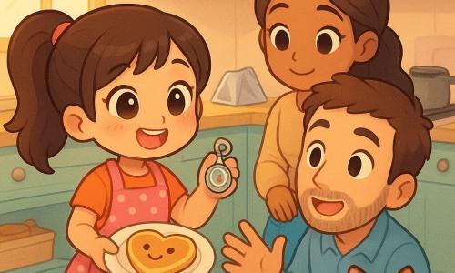 An 8-year-old girl, joyful and proud, brown ponytail, bright wide eyes, holding a small box with a compass keychain and showing a heart-shaped pancake on a plate; she smiles with rosy cheeks and wears a polka-dot apron. A gentle surprised man (father, ~35) with short brown hair and light stubble crouches at the table with open hands, moved and glowing. A calm smiling woman (mother, ~34) with long tied hair stands behind the girl, hand affectionately on her shoulder. A tabby cat (Pepper) with round eyes watches from the floor near a spool of ribbon. Warm, colorful kitchen: light wooden table with striped cloth, pastel cabinets, a pan on the stove, a small foil tent keeping pancakes warm, an open drawer showing a syrup bottle. Scene: father’s Day breakfast reveal — the girl presents the heart pancake and compass keychain; cozy, cute details (jam smile on the pancake, floating ribbons, crumbs, soft steam), warm morning light, warm pastel palette, expressive friendly chibi kawaii style.