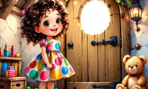 Uma menina de 2 anos, com cabelos cacheados e castanhos, grandes olhos curiosos, está diante de uma porta secreta em um velho sótão. Ela usa um vestido colorido com bolinhas e um sorriso encantado ilumina seu rosto enquanto abre a porta com entusiasmo. Ao seu lado, seu amigo Tico, um urso de pelúcia macio, está sentado no chão, olhando para a porta com olhos arregalados, como se estivesse pronto para a aventura. O sótão está cheio de brinquedos antigos, livros empoeirados e teias de aranha brilhando na luz suave que entra pela janela. Caixas estão empilhadas em um canto, e raios de sol iluminam a cena, criando uma atmosfera mágica. A situação principal mostra a menina e Tico descobrindo o mistério da porta secreta, prontos para entrar em um mundo de aventuras e tesouros escondidos.