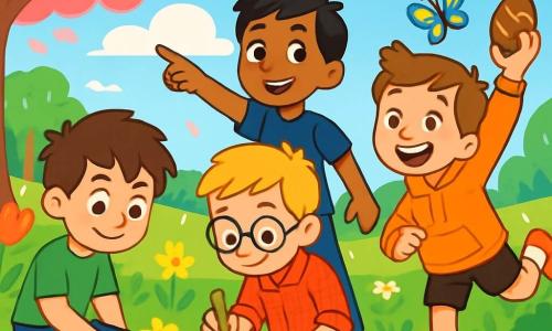 Há 4 crianças: - Raul: menino de 10 anos, com cabelos castanhos bagunçados e olhos brilhantes. Ele usa uma camiseta verde e um short azul, sentado na grama, observando uma pequena flor amarela que acabou de brotar. - Pedro: menino de 10 anos, com cabelos loiros e óculos redondos. Ele veste uma camisa xadrez vermelha e uma calça bege, agachado ao lado de Raul, desenhando a flor em seu caderno. - André: menino de 10 anos, com cabelos negros e um sorriso radiante. Ele usa uma camiseta azul-marinho e jeans, em pé, apontando para um grupo de borboletas coloridas que voam ao redor. - Vasco: menino de 10 anos, com cabelos castanhos e sardas no nariz. Ele veste um moletom laranja e um short preto, pulando alegremente, segurando um ovo de Páscoa de chocolate na mão. O local é um parque primaveril, cheio de flores vibrantes de todas as cores: tulipas vermelhas, narcisos amarelos e margaridas brancas. As árvores estão floridas, com ramos carregados de pétalas rosas. O céu é de um azul brilhante, pontilhado de nuvens brancas e fofas. A cena principal mostra as crianças explorando, maravilhadas com a beleza da natureza. Elas riem e se divertem, descobrindo insetos e flores, compartilhando a alegria de estarem juntas neste jardim vibrante de vida.