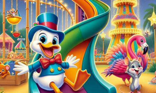 Un'anatra felice di nome Quacky, con un elegante cappello a cilindro blu e un papillon rosso, scivola con un grande sorriso su un immenso scivolo colorato in un parco giochi magico. Accanto a lui, Fifi, un elegante fenicottero rosa dalle piume brillanti, ride di gusto, con le ali spiegate, pronta a seguirlo nell'avventura. Sullo sfondo, un piccolo topo di nome Squeaky, con il pelo grigio e gli occhi scintillanti, osserva con meraviglia, vicino a un grande totem in legno intagliato. Il parco giochi è pieno di colori vivaci, con altalene scintillanti, strutture a forma di animali e luci brillanti che illuminano la notte stellata. La scena mostra Quacky e i suoi amici divertirsi insieme, ridere e giocare, catturando lo spirito di un'avventura notturna piena di gioia e amicizia.