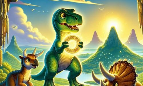 Un giovane Tyrannosaurus Rex, con un corpo muscoloso e squame verdi brillanti, si trova al centro dell'immagine, con gli occhi pieni di eccitazione e curiosità, mentre tiene un artefatto scintillante tra le sue zampe. Accanto a lui, una giovane triceratopo di nome Zola, con le sue tre corna maestose e il manto marrone, guarda con meraviglia l'artefatto, le sue grandi orecchie in ascolto. Un po' indietro, un parasaurolophus di nome Pina, con la sua cresta distintiva e il manto giallo, si avvicina sorridendo, incuriosita dalla scoperta. La scena si svolge sulla cima del Monte Eco, un paesaggio maestoso con rocce scoscese, nuvole fluttuanti e una vista panoramica su un'isola verdeggiante, illuminata dalla luce dorata del sole al tramonto. Al centro, l'anello di pietre antiche brilla di una luce mistica, creando un'atmosfera magica. Rex e i suoi amici scoprono l'artefatto antico, illuminando il cielo e rivelando i segreti del tempo, mentre una dolce brezza fa danzare le foglie intorno a loro, aggiungendo incanto a questo momento.