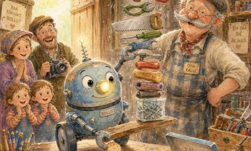 Rollo, ein zweirädriger, pastellblau lackierter Rundkörperroboter mit entschlossener, fröhlicher Miene und einer gelben, sanft blinkenden Taschenlampen-Nase, berührt mit einer silbernen Magnethand vorsichtig einen instabilen Turm aus Werkzeugen, während Opa Kalle, ein großer, lächelnder alter Mann mit dicker grauer Schnurrbart und kariertem Bastelkittel, stolz mit den Händen in den Hüften hinter ihm steht; links applaudiert eine kleine Schar Nachbarn (eine Frau mit bunter Mütze, ein Mann mit Kamera, zwei neugierige Zwillingskinder) im warmen Licht einer offenen Tür; die Szene spielt in einer alten Holzwerkstatt mit sichtbaren Dielen, einer Werkbank voller bunter Werkzeuge (Hammer, Zange, Säge, Glasdose mit Schrauben), beschrifteten Kisten und einer offenen Keksdose neben dem Turm, in dem Moment, in dem Rollo mit einem kleinen Keks als Keil unter einer Latte einen sehr schiefen, aber ausbalancierten Turm aus zehn leicht schief gestapelten Werkzeugen hält, umgeben von weichen Schatten, Aquarellspritzern und einer warmen, hoffnungsvollen Atmosphäre.