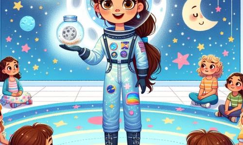 Sofia, un'astronauta con i capelli castani raccolti in una coda di cavallo, indossa una tuta spaziale brillante e sorride con meraviglia. I suoi occhi brillano di gioia mentre tiene un piccolo barattolo di vetro contenente polvere lunare, pronta a condividere il suo tesoro con i bambini. Giulia, sua sorella minore di 8 anni, con i capelli ricci e gli occhi sgranati, è accanto a lei, con le braccia alzate in segno di eccitazione. Indossa un vestito colorato e guarda Sofia con ammirazione. La scena si svolge in un centro culturale luminoso, con muri dipinti di blu cielo e stelle e pianeti disegnati. I bambini seduti in cerchio sul pavimento colorato ascoltano attentamente, i loro volti illuminati dalla curiosità. Sofia racconta le sue avventure spaziali ai bambini, mostrando il barattolo di polvere lunare, mentre i bambini, affascinati, immaginano viaggi interstellari e sognano di diventare astronauti.