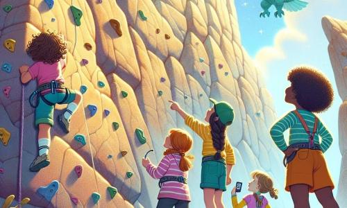 In un paesaggio montano soleggiato, quattro ragazze di otto anni si trovano davanti a un grande muro di roccia ripida. **Giulia**, con i capelli castani e ricci, indossa una maglietta rosa e pantaloni corti blu, guarda la cima con determinazione. **Elisa**, con i capelli biondi e lisci, è dietro Giulia, vestita con una maglietta gialla vivace e leggings neri, mentre controlla le prese sul muro. **Sofia**, con i capelli castani e trecce, indossa un cappellino verde e una maglietta a righe, incoraggia le sue amiche con un grande sorriso e le braccia alzate. **Marta**, con i capelli rossi e ricci, è sul retro, vestita con una maglietta viola e pantaloni corti arancioni, tiene un cronometro e osserva attentamente il gruppo. Sopra di loro, **Sprizzo**, un piccolo animale magico con ali azzurre e pelo soffice, vola allegramente, lasciando dietro di sé una scia di polvere scintillante. Il muro di roccia è imponente, con asperità e crepe, illuminato dalla luce dorata del sole, mentre un cielo blu chiaro si estende all'orizzonte. Le ragazze si preparano a scalare il muro insieme, unite dalla loro amicizia e determinazione a superare questa grande avventura.