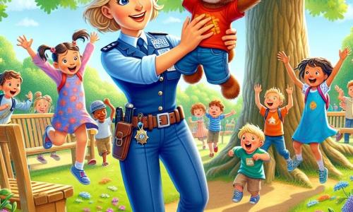 Smiling Officer Lucy stands under a large oak tree in a busy square, wearing a light blue uniform and a police hat. Her face beams with pride and excitement as she holds a teddy bear, Mr. Cuddles, in her arms. Next to her, an 8-year-old boy named Max, with curly hair and a red t-shirt, jumps for joy, pointing at the bear with a big smile. A group of children, including a girl with pigtails named Lily, stands behind them, all eyes on the bear, filled with excitement. The scene takes place in a sunny park, surrounded by lush trees, wooden benches, and colorful flowers. The main situation shows Officer Lucy and the children celebrating the discovery of Mr. Cuddles, creating an atmosphere of joy and adventure.