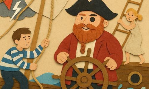 A pirate named Captain Jack with a round face, braided red beard, wide black hat and confident smile steers a varnished wooden ship wheel on the deck of the 