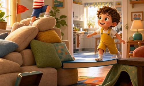 Two 5-year-old boys in a sunny living room turned adventure: a blond boy in a red-and-white striped T-shirt and blue shorts climbs a beige sofa piled with cushions like a mountain at left, arms raised, while a curly brown-haired boy with green eyes, freckles and a yellow dungaree with polka-dot socks carefully crosses a bridge made from a large book over a drawn "river" on a colorful rug at right; a dark coffee table forms a shaded cave, a bright kitchen with blue tiled floor is visible behind, and an open box of colored pencils labeled treasure sits nearby.