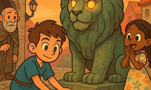 A young boy, Marcus (about 14), kneels in the foreground with a gentle determined face, bright green eyes and short tousled brown hair, wearing a simple blue tunic and leather sandals, placing three small glowing stones—gold, blue, and silver—before a large stone lion statue; a curious girl (about 7) with braided hair and a floral dress stands a few steps to the right, hands to her mouth and amazed, while an elderly villager (about 60) with a short gray beard, worn cloak and walking stick watches from a stone house doorway to the left; the massive lion statue, weathered with cracks and green moss, sits in the center of a small paved square and its hollow eyes are beginning to glow warm golden light; the old town square has red roofs, stone houses, wrought-iron lamps, small flowers between the cobbles and a pink-orange sunset sky; the scene captures a calm, solemn moment of returning magic as light pours from the stones and warms the statue, in a rubber-hose style with rounded shapes, thick outlines and exaggerated expressions, using a palette of warm golds, soft blues, mossy greens and pastel accents.