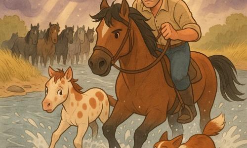 An adult man (about 35) with a brown cowboy hat, tanned skin and stubble, determined expression, sits on a large bay horse holding the reins as they cross a choppy river; the only secondary human is the dog Rusty, a red-and-white shepherd running between hooves to guide a frightened cream foal with chestnut patches and wide eyes near the left bank; behind them a dozen horses of varied coats press together with wet manes; setting: a wide river with silver currents, glossy stones, ochre sandy banks and tall yellow grass under a stormy purple sky pierced by rays of sun and floating dust; scene: a tense herd crossing in a rising storm—splashes, wind-tossed manes, fear and courage, dynamic water and movement; visual style: warm muted tones with gray, soft outlines, watercolor-pencil textures, composition centered on the man on horseback and the dog in action.