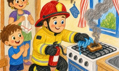 Un bombero sonriente de mejillas redondas y ojos brillantes, con casco rojo brillante y chaqueta amarilla reflectante, arrodillado junto a una parrilla de cocina sosteniendo un pequeño extintor; apaga suavemente una tostada humeante con un paño húmedo mientras el humo sale por la ventana abierta. Un niño de unos 5 años, pelo castaño corto, aplaude alegre junto a la mesa con camiseta azul y pantalón corto. La madre, de unos treinta años, con el pelo recogido en un moño, mira aliviada desde la puerta secándose las manos con un trapo. Cocina pequeña y clara, mesa de madera clara, cortina a rayas rojas. Estilo: dibujo simple a lápiz, colores vivos, trazos suaves, contornos anchos, textura de lápiz visible.