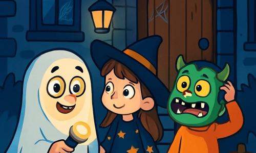 Un ragazzo di 6 anni, di nome Tommaso, si trova coraggiosamente davanti a una vecchia casa misteriosa. Ha grandi occhi curiosi, un sorriso timido e indossa un costume da fantasma fatto di un lenzuolo bianco con dei fori per gli occhi. La sua torcia illumina il suo viso, rivelando un'espressione di eccitazione mista a un po' di apprensione. Accanto a lui, una ragazza di 6 anni, Martina, è travestita da streghetta con un cappello a punta nero e un vestito decorato di stelle. Guarda Tommaso con ammirazione, pronta a seguirlo nell'avventura. Un altro ragazzo, Samuele, anch'egli di 6 anni, indossa una buffa maschera da mostro e si gratta la testa, un po' esitante, ma divertito dalla situazione. La scena si svolge davanti a una casa antica, con muri in pietra grigia, una porta in legno usurata e finestre ornate di ragnatele. Lanterne di zucca sorridenti decorano il portico, proiettando una luce calda nella notte di Halloween. Tommaso, insieme ai suoi amici, si prepara a entrare nella casa, dove l'atmosfera è misteriosa e piena di promesse di dolcetti. Ridono e si tengono per mano, pronti a scoprire i segreti che si celano dietro la porta.