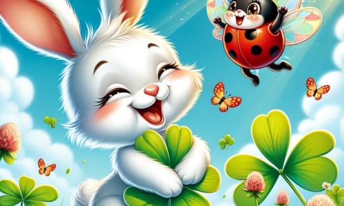 An illustration depicts a small rabbit with big ears, soft white fur, showing joy and excitement as it jumps enthusiastically in a lush clover field, its eyes shining with happiness. Next to it, a small red ladybug with black spots and delicate wings joyfully flies around the rabbit, wearing a mischievous smile, seemingly ready to share a secret. The main setting is a vast sunny field dotted with vibrant green clovers and colorful flowers swaying gently in the breeze. In the background, a light blue sky is adorned with fluffy white clouds, creating a peaceful and joyful atmosphere. The main scene shows the rabbit and the ladybug discovering a treasure of sweet clovers together, symbolizing friendship and adventure, with golden light filtering through the leaves, adding a magical touch. Other graphic elements include colorful butterflies fluttering around, birds singing in the trees, and an ambiance of happiness and camaraderie, evoking a moment of pure wonder.