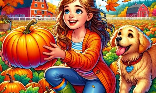 A 12-year-old girl, Emily, with long brown hair and sparkling curious eyes, wears a bright orange sweater and rubber boots. She stands in the middle of a pumpkin patch, a big smile on her face, amazed by the vibrant colors of the autumn leaves around her. Nearby, her dog Max, a joyful golden retriever, runs around her, tongue hanging out and his golden coat shining in the sun. In the background, Maple Farm stands with its old red barn and trees with golden leaves, creating a warm and welcoming atmosphere. Emily is choosing the perfect pumpkin, her hands reaching out to a round, shiny pumpkin, while colorful leaves gently fall around her, adding to the magic of this beautiful autumn day.