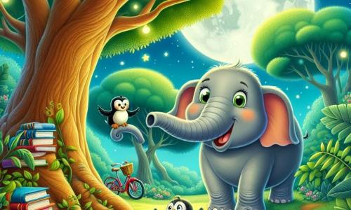Un elefant vesel numit Rufus, cu pielea gri și urechi mari, stă în centrul imaginii, zâmbind larg cu trompa ridicată, înconjurat de cărți colorate. În dreapta sa, Pippa, un pinguin mic cu pene negre și albe, jonglează cu o minge mică, cu ochii strălucind de entuziasm. În stânga, Harvie, un hamster drăguț cu blană aurie, stă pe o bicicletă, râzând în timp ce ține o carte deschisă. Scena are loc într-o poiană fermecătoare din junglă, iluminată de lumina blândă a lunii, cu copaci luxurianți și flori strălucitoare care înconjoară personajele. În fundal, se poate observa un copac mare cu o ramură joasă pe care sunt așezate alte cărți. Situația principală arată cum Rufus și prietenii săi sărbătoresc recuperarea cărților dispărute, înconjurați de râsete și bucurie, pregătiți să citească împreună sub cerul înstelat.