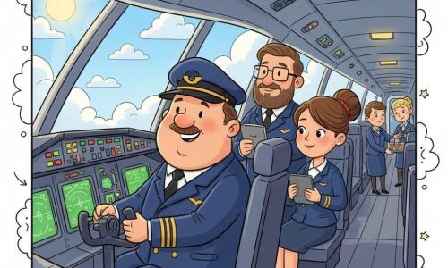 A smiling, confident Captain Tom with a round face and thin mustache wears a neat navy uniform with gold epaulettes and a shiny cap, seated at the cockpit controls with hands on the yoke, beside him co-pilot Mia (≈30) with brown hair in a bun, attentive and checking a tablet; flight engineer Lee (≈40) with a beard and glasses stands behind the seats with a notebook, and two cabin crew—Sam (≈25) passing a drink tray in the aisle and Lila (≈28) with braided blonde hair helping a passenger—are visible; the bright modern cockpit shows black panels with colorful buttons, green and blue screens, round windows framing blue sky and white clouds, the crew preparing for takeoff in an organized, safe, cheerful morning light, with childlike overlay doodles of smiling clouds, arrows pointing to instruments, and stars around the people.