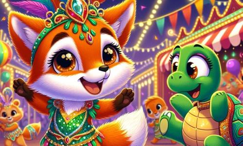 Ein kleiner Fuchs mit leuchtend orangefarbenem Fell und funkelnden Augen tanzt fröhlich auf einem Karnevalsfest, ein breites Lächeln auf seinem Gesicht. Neben ihm steht eine Schildkröte mit einem grünen, bunt gemusterten Panzer, die bewundernd zuschaut und mit strahlenden Augen im Takt der Musik applaudiert. Ein kleiner Hase mit großen weißen Ohren hüpft begeistert hinter dem Fuchs und trägt einen lustigen Hut, während er einen schelmischen Gesichtsausdruck zeigt. Die Szene spielt auf einem festlichen Platz, geschmückt mit bunten Girlanden und schwebenden Ballons, mit Süßigkeitenständen und funkelnden Lichtern, die die fröhliche Atmosphäre erhellen. Im Mittelpunkt dieser Feier tanzt der kleine Fuchs, umgeben von seinen Freunden, und zieht alle Tiere in einen festlichen Tanz, wodurch eine Atmosphäre von Glück und Kameradschaft entsteht.
