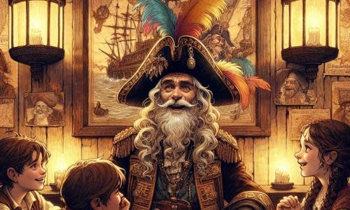 Der Hauptcharakter, Kapitän Bartholomäus, ist ein älterer Mann mit langen weißen Haaren, die im Wind wehen, und einem großen Piratenhut, der mit einer bunten Feder geschmückt ist. Sein Gesicht ist von Falten gezeichnet, doch seine Augen strahlen eine fröhliche Weisheit aus, während er den Kindern eine fesselnde Geschichte erzählt. Unter den Nebenfiguren ist Finn, ein etwa 8-jähriger Junge mit zerzausten braunen Haaren und einem gestreiften Hemd, der am Tischrand sitzt, mit weit aufgerissenen Augen voller Aufregung und aufmerksam dem Kapitän lauscht. Lila, ein 7-jähriges Mädchen mit Zöpfen und einem mutigen Lächeln, steht neben Finn, die Hände in die Hüften gestützt, bereit, Fragen zu stellen. Die Szene spielt in der Taverne "Zur schaukelnden Planke", deren Wände mit alten Karten und Piratenporträts dekoriert sind. Schmiedeeiserne Laternen erhellen den Raum mit warmem Licht und schaffen eine einladende, abenteuerliche Atmosphäre. Die Hauptsituation zeigt Kapitän Bartholomäus, der von seinem unglaublichen Abenteuer auf einer geheimnisvollen Insel erzählt, wo er gegen einen riesigen Kraken kämpfte, um einen Schatz zu finden, während die Kinder gebannt seinen Worten lauschen und von ihren eigenen Abenteuern träumen.