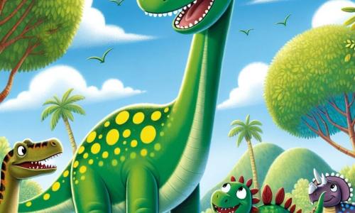 Een grote diplodocus genaamd Dippy, met een lange groene nek en gele vlekken, heeft een brede glimlach van opwinding. Hij staat rechtop in een zonnige open plek, omringd door grote bomen met weelderig loof, terwijl kleurrijke bloemen om hem heen bloeien. Naast hem kijkt een T-rex genaamd Rex, met groene schubben en korte armen, naar Dippy met nieuwsgierige ogen, klaar om te helpen. Een stegosaurus met kleurrijke rugplaten en een triceratops met een grote hoorn staan iets verderop, glimlachend en wachtend om aan het avontuur deel te nemen. De lucht is helderblauw met enkele donzige witte wolken, en een lichte bries laat de bladeren van de bomen dansen. De hoofdscène toont Dippy en zijn vrienden die zich voorbereiden om op avontuur te gaan, vrolijk samen zingend, met een sfeer van kameraadschap en voelbare opwinding in de lucht.