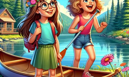 A 12-year-old girl with long brown hair and round glasses smiles in wonder, her eyes sparkling with joy as she stands by a shimmering lake surrounded by brightly colored wildflowers. Next to her, another 12-year-old girl with curly blonde hair laughs while holding a paddle, ready to go canoeing. They are both wearing colorful t-shirts and shorts, with bare feet in the green grass. The scene is set in a beautiful summer camp, with majestic trees gently swaying in the wind, a clear blue sky dotted with fluffy white clouds, and rustic wooden cabins in the background. The main focus shows the two energetic and enthusiastic girls eager to embark on a colorful canoe, excited to explore the lake's wonders and share new adventures together.