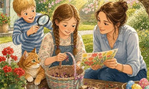 Bambina di 10 anni dal viso rotondo e lentiggini, capelli castano chiaro in due trecce, guarda felice e concentrata mentre tiene un piccolo cesto di vimini riparato e dipinto in pastello in cui sistema petali secchi; alla sua destra la madre di circa 35 anni, capelli castani raccolti in uno chignon morbido e sorriso dolce, è accovacciata e porge una cartina colorata con indizi; poco dietro a sinistra un bambino vicino di 8 anni, capelli biondi corti e aria eccitata, tiene una lente d'ingrandimento e indica la mappa; il gatto rosso Milo, occhi verdi, è disteso sul bordo del cesto a osservarli; la scena si svolge in un giardino primaverile soleggiato con prato curato, un ciliegio in fiore e vasi di gerani rossi su un tavolo di legno, e mostra la bambina che prepara una caccia alle uova di Pasqua decorando il cesto e disponendo una mappa con croci rosse e indizi in rima mentre la madre la aiuta e il ragazzo osserva impaziente.