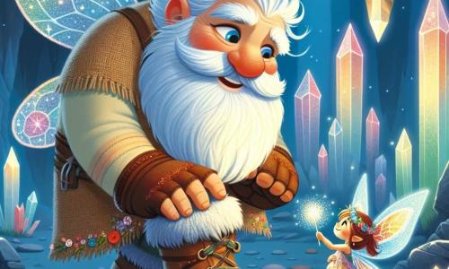 Un gigante amistoso llamado Lino, con una gran barba blanca como la nieve, ojos azules brillantes y una sonrisa cálida, se inclina con ternura para recoger una pequeña varita mágica brillante del suelo. Es alto y robusto, vistiendo una túnica de yute adornada con flores coloridas. A su lado, una pequeña hada llamada Lila, de unos 8 años, con alas brillantes que reflejan los colores del arcoíris, mira a Lino con admiración, sus ojos llenos de gratitud. Ella lleva un vestido hecho de pétalos de flores y se pone de puntillas, lista para volar. La escena se desarrolla en una cueva mágica, donde cristales brillantes iluminan las paredes, creando un espectáculo de luz encantadora. El suelo está cubierto de pequeñas piedras brillantes, y gotas de agua caen suavemente, añadiendo una atmósfera relajante. Lino acaba de salir de una cueva donde encontró la varita mágica de Lila, justo a tiempo para escapar de un deslizamiento de cristales. La emoción de la aventura y la amistad se refleja en sus rostros, capturando un momento de alegría y alivio.