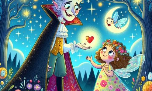 A friendly vampire named Victor, wearing a shiny cape and sparkling kind eyes, stands at the center of the scene, smiling warmly. His sharp teeth are barely visible as he reaches out to a little girl. Lily, an 8-year-old with big curious eyes and curly hair, stands beside him. She wears a colorful dress adorned with flowers and looks at Victor in awe, holding a glowing heart in her hands. The setting is the Enchanted Glade, a magical place where shimmering flowers light up the ground, and majestic trees with golden leaves form a circle around them. The sky is a deep blue, dotted with bright stars, and a soft light emanates from the artifact. The main scene shows Victor and Lily together, ready to share the treasure of friendship, while the Glimmering Guardian, a creature with sparkling wings, watches them with a benevolent smile.