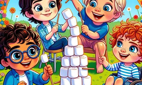 In a sunny park, four friends are gathered to build a marshmallow tower. Benny, an 8-year-old boy with curly, messy hair, stands in the center, holding a marshmallow in one hand and a stick in the other, with a big smile on his face. To his right, Sam, a 9-year-old boy wearing thick glasses that slide down his nose, carefully observes the tower's structure, his brows furrowed in concentration. On the left, Leo, a lively 7-year-old with short hair, runs around the tower, laughing and tossing marshmallows in the air. Finally, Thomas, an 8-year-old boy in a sparkling blue wheelchair, sits next to Benny, holding a marshmallow stick with a big smile, ready to add a marshmallow to the construction. The park is filled with colorful flowers, tall green trees, and a bright blue sky, creating a joyful and playful atmosphere. In the middle of this scene, the tall, colorful marshmallow tower is about to collapse, while the friends burst into laughter, ready to rebuild it together.