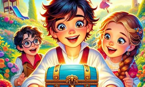 Um menino de 6 anos, Tomás, com cabelo castanho bagunçado e olhos brilhantes de curiosidade, segura um pequeno cofre azul nas mãos. Ele tem um sorriso largo e animado, com as bochechas rosadas de entusiasmo. Ao seu lado, Sofia, uma menina de 6 anos com cabelo loiro trançado e vestindo um vestido florido, olha para o cofre com os olhos arregalados, cheia de admiração. Miguel, um menino de 6 anos com óculos e cabelo preto, se inclina para frente, intrigado, enquanto Inês, uma menina de 6 anos com cabelo castanho e cacheado, aponta para o cofre, ansiosa para descobrir seu conteúdo. A cena se passa em um parque ensolarado, repleto de flores coloridas, com árvores verdes majestosas e um céu azul claro. Ao fundo, um escorregador colorido e crianças brincando adicionam à atmosfera alegre. As crianças estão descobrindo o cofre misterioso que encontraram na grama, cercadas por uma atmosfera de magia e aventura, ansiosas para desvendar o mistério que as aguarda.