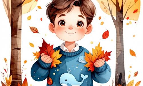 A 7-year-old boy named Oliver, with brown hair and curious sparkling eyes, stands in the middle of an autumn park, a big smile lighting up his face. He wears a blue sweater with whale patterns and holds a handful of colorful leaves, ready to toss them into the air joyfully. Next to him, his best friend Lucy, a 7-year-old girl with braided blonde hair, laughs while picking up golden leaves from the ground. She wears a pink coat and rubber boots, surrounded by swirling leaves. A little further away, Ben, a 7-year-old boy with brown hair and round glasses, is having fun jumping into a large pile of leaves, his face beaming with excitement. The park is vibrant with autumn colors, featuring majestic trees with fiery orange, red, and yellow leaves, and the ground is covered with a carpet of crunchy leaves. The sky is a clear blue, and the sun shines brightly, creating a warm and joyful atmosphere. The main scene shows Oliver, Lucy, and Ben playing together, laughing and throwing leaves in the air, capturing the magical spirit of autumn.