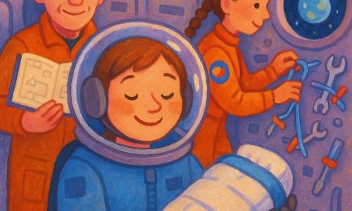 Uma astronauta de rosto redondo e sorridente, cabelo castanho curto sob um capacete translúcido, expressão serena e maravilhada, olhando para um pequeno saco de dormir branco e azul com tiras de velcro preso a uma parede metálica, postura suave e protetora; um comandante adulto de cabelos grisalhos curtos e óculos finos, olhar benevolente, posicionado levemente atrás à esquerda, segurando um caderno com esquemas e sorrindo; uma jovem astronauta colega de ~28 anos, cabelos trançados, traje espacial com patchs coloridos, organizando ferramentas flutuantes à direita e prendendo objetos com fitas; interior de cápsula espacial com paredes metálicas texturadas, alças e velcros visíveis, pequena janela redonda mostrando a Terra azul e estrelas, iluminação suave em tons violeta e azul; cena de preparação para dormir no espaço, calorosa, calma e ordenada, objetos flutuando levemente, paleta em tons pastéis com realces luminosos nos rostos.