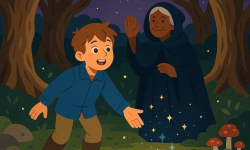 Tom Thumb, a young boy with light brown hair, a blue canvas jacket and muddy boots, stands center with a delighted, bright-eyed face reaching toward a circular, mirror-like pool; the Memory Keeper, about 70, in a deep-blue gown and hooded cloak with softly lined features, smiles gently behind him, hand raised as if blessing the water. They are in a round glade of ancient knotted trees forming a dome, mossy ground and lichen-covered stones; the silvery pool reflects stars with tiny luminous ripples, yellow fireflies float and a few red mushrooms edge the basin. Twilight deep violet sky and moonlight filter through the branches, casting long shadows. Main scene: Tom Thumb gazes at the pool's reflection with hopeful wonder while the Keeper encourages him with a tender, magical gesture; atmosphere calm and mysterious.