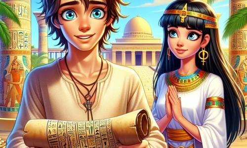 A young man named Lysander, around 20 years old, stands at the center of the image with messy brown hair and sparkling curious eyes. He wears a simple, slightly wrinkled beige linen tunic and holds an ancient scroll in his hands, his expression a mix of excitement and apprehension. Beside him, Nefertari, an 18-year-old Egyptian girl, is dressed in a white linen dress adorned with golden patterns, wearing an ankh-shaped necklace. She looks at Lysander with an encouraging smile, her long black hair gently flowing in the warm desert breeze. The setting is a majestic temple in Egypt, with imposing columns decorated with colorful hieroglyphs and a bright blue sky in the background. Palm trees surround the temple, adding greenery to the arid landscape. The main scene shows Lysander and Nefertari standing at the temple entrance, ready to enter a world of mysteries and magic, while a gentle breeze stirs the sand around them, creating an atmosphere of adventure and discovery.
