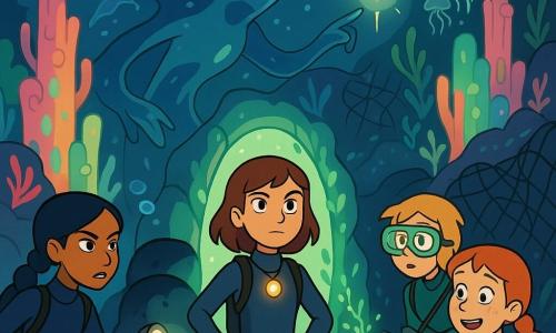 Five characters: Mara, 12, mid-brown hair, calm determined look, dark wetsuit with a small glowing stone pendant, centered and reaching toward a shimmering oval underwater door; Nia, 12, tan skin, long black braid, focused expression, navy wetsuit, left of Mara guiding the group and holding a sparkling torch; Tess, 11, red hair in braids, freckles, awed smile, red wetsuit, right of Mara with fingers splayed before a bed of algae that lights where she passes her hand; Jules, 12, short blond hair, wide diving goggles, thoughtful, olive-green wetsuit slightly behind, carefully cutting a dark net with a dive knife; and a nonhuman guardian creature, a fluid silhouette of shadow and sea glass with polished-glass eyes and pastel light flecks, floating protectively behind them and gesturing toward a glowing sphere at the center of a ring of coral pillars. Location: an enchanted underwater garden of pastel coral towers, waving anemones, schools of small glowing jellyfish and glassy seagrass, with a large translucent oval door set between rocks edged in bioluminescent algae and a central cavity holding a floating luminous sphere surrounded by crystalline pillars. Main situation: the four girls in wetsuits cautiously explore a living oval door under the sea; the mood is wondrous and tense with soft light, silver bubbles, dark nets being cut in the background, the guardian indicating a sphere that contains the reef’s memory; centered composition, pastel colors contrasted by dark net accents, expressions of wonder and focus, 1990s TV cartoon style with clean lines and shiny aquatic textures.