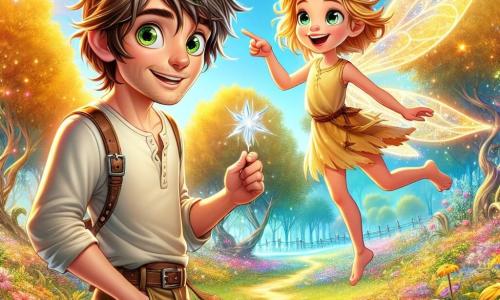 A man named Eliot, in his thirties with messy brown hair and sparkling curious eyes, stands at the center of the image. He wears a simple shirt and canvas pants, with slightly muddy boots. His face expresses wonder and determination as he holds a shimmering silver feather in his hand. Beside him, a small fairy named Lira, a girl with golden hair and translucent wings, joyfully flies. She has a bright smile and wears a dress made of flower petals, pointing to a glowing path winding through the trees. The setting is an enchanted forest with majestic trees with golden trunks and shiny leaves, colorful flowers dancing in a gentle breeze, and a bright blue sky dotted with fluffy clouds. The main scene shows Eliot and Lira discovering the magical feather, surrounded by fairy wonders, ready to embark on an exciting adventure to save the fairy kingdom.