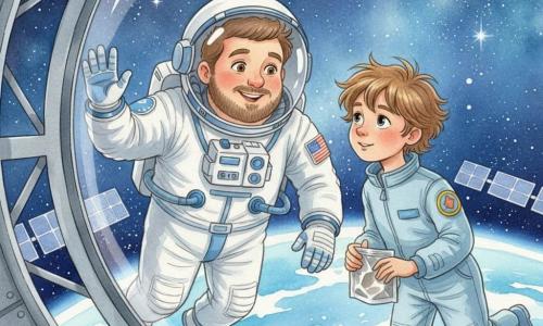 Un uomo, l'astronauta Luca, sorridente e meravigliato, volto rotondo con barba corta e occhi marroni, capelli castani corti, in tuta spaziale bianca con dettagli blu e guanti, fluttua leggermente appoggiando una mano al vetro; un ragazzo, Marco, di 10-12 anni, capelli castano chiaro spettinati e occhi grandi e curiosi, in tenue da stagista con una toppa colorata, fluttua vicino a Luca guardando le stelle e tenendo un sacchetto di cibo spaziale che galleggia; la scena nella cupola di osservazione di una stazione spaziale mostra una finestra emisferica, struttura metallica grigia, pannelli solari esterni, stelle scintillanti e la curva blu della Terra sullo sfondo, i due condividono un momento complice con riflessi di luce sul vetro.