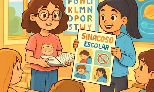 Hay 2 personajes principales: - Mariana: una chica de 12 años, con cabello rizado castaño y gafas redondas. Lleva una camiseta rosa con un diseño de gato y unos jeans azules. Está de pie a la izquierda, sosteniendo un libro abierto con notas. - Sofía: una chica de 12 años, con cabello largo y liso, de color negro, recogido en una coleta. Lleva un sudadera azul claro y pantalones negros. Está a la derecha de Mariana, mostrando un cartel colorido sobre el acoso escolar. La situación principal ocurre en un aula luminosa, con paredes pintadas de amarillo y carteles educativos. Hay escritorios de madera clara, sillas coloridas y una gran ventana que deja entrar la luz del sol. Mariana y Sofía presentan su proyecto sobre el acoso escolar ante sus compañeros de clase. Ambas están sonriendo y determinadas, mientras los demás alumnos, sentados en sus sillas, las escuchan atentamente, algunos tomando notas y otros mostrando curiosidad e interés.