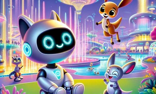 Ziggi, mały okrągły i uroczy robot z migającymi diodami, znajduje się w centrum obrazu, wyrażając radość i zdumienie podczas odkrywania futurystycznego parku. Obok niego robot-kot z błyszczącymi oczami i metalicznym srebrnym futrem, uśmiechając się entuzjastycznie, skacze do przodu, zapraszając Ziggiego do eksploracji. Robot-kangur z dużymi uszami i figlarnym uśmiechem skacze radośnie, dodając dynamizmu scenie. Miejsce to tętniący życiem park technologiczny, pełen świetlnych fontann, kolorowych roślin i futurystycznych struktur o organicznych kształtach, jak błyszczące metalowe drzewa. Główna sytuacja pokazuje Ziggiego i jego robotycznych przyjaciół odkrywających razem cuda parku, z interaktywnymi grami i fascynującymi wynalazkami, tworząc atmosferę magii i przygody.