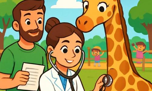 A veterinária, doutora Sofia, é uma mulher sorridente com cabelos castanhos presos em um coque. Ela usa um jaleco branco brilhante e segura um estetoscópio nas mãos, olhando atentamente para a girafa Manchadinha. Seus olhos brilham de empatia e determinação. Ao lado dela está Pedro, um jovem de cerca de 30 anos, com barba bem feita e uma camiseta verde. Ele observa Sofia com um sorriso encorajador, segurando uma folha de papel com anotações sobre a girafa. O fundo mostra um zoológico colorido, com recintos para os animais, árvores verdes e crianças alegres se divertindo. O céu é azul com algumas nuvens brancas fofas. A cena principal mostra Sofia agachada perto de Manchadinha, a girafa, que tem manchas marrons em seu longo pescoço. Sofia escuta atentamente o coração da girafa com seu estetoscópio, enquanto Manchadinha parece curiosa e um pouco preocupada.