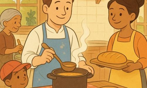 Um chef de cerca de 40 anos, sorridente e calmo, cabelo curto castanho, avental azul com manchas de farinha, segura uma concha grande de madeira e pousa uma panela fumegante de sopa sobre a mesa; à direita, uma ajudante de cozinha de cerca de 35 anos, cabelo preso em coque, com avental amarelo, traz um pão dourado numa tábua; atrás da mesa, um menino de cerca de 8 anos, varredor, boné vermelho e pó nos joelhos, observa curioso segurando um pano; uma senhora de cerca de 60 anos, cabelos grisalhos trançados, mexe um tigela com uma colher perto da horta visível pela janela; cozinha acolhedora com azulejos creme, grandes prateleiras de madeira, luz dourada entrando pela janela, forno de ferro aberto, mesa de madeira ao centro coberta com tecido xadrez vermelho, tigelas e fatias de pão arrumadas, vapor subindo e rostos ternos em gestos lentos e atenciosos, estilo banda desenhada suave, cores quentes, traços arredondados e expressões fáceis de ler para crianças de 4 anos.