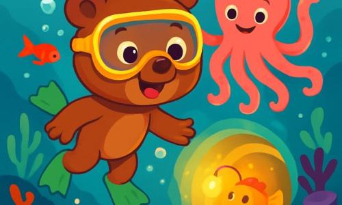 A small brown bear named Benny, with a big smile and sparkling eyes of excitement, joyfully swims in a turquoise sea, wearing a yellow diving mask and green fins. Beside him, a pink octopus with waving, smiling arms floats in the water, looking friendly and encouraging. A glowing fish, resembling a small lamp, lights the way with its soft golden glow, adding a magical touch to the scene. The background features a vibrant underwater landscape with colorful flower-shaped corals, multicolored fish swimming around, and air bubbles rising to the surface. The main situation shows Benny, the bear, discovering a mysterious, shimmering tunnel while the octopus and fish encourage him to venture further into this fascinating underwater world.