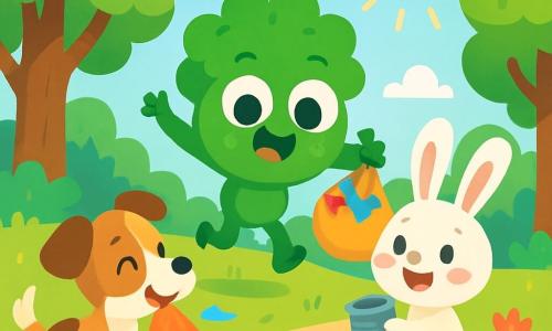 O mică broscuță verde numită Bubu, cu ochi mari și rotunzi și un zâmbet vesel, sare de bucurie în mijlocul unei poieni însorite, ținând în lăbuțele sale un sac colorat de deșeuri. Lângă ea, un adorabil iepure alb numit Cipi, cu urechi lungi și obraje roz, zâmbește ținând o conservă, arătându-și entuziasmul. Un pic mai departe, o cățelușă veselă, Lili, cu blană brună și pete albe, dă din coadă adunând hârtii colorate împrăștiate pe jos. Poiana este înconjurată de copaci măreți cu frunze verzi strălucitoare, iar flori colorate presară solul. Cerul este albastru cu câteva nori albi pufoși, iar un rază blândă de soare luminează scena. Bubu și prietenii săi curăță pădurea, umplându-și sacii cu deșeuri pentru a face casa lor mai frumoasă și mai curată, râzând și distrându-se împreună.
