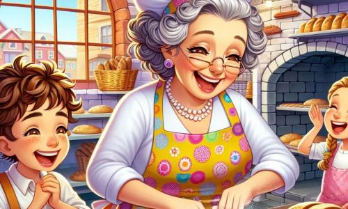 Frau Brigitte, die Bäckerin, ist eine fröhliche Frau in ihren Fünfzigern mit lockigem, silbernem Haar, die eine bunte Schürze mit Brotmotiven trägt. Sie lächelt begeistert, ihre Augen strahlen vor Glück, während sie den Kindern zeigt, wie man Brötchen formt. Max, ein zehnjähriger Junge mit zerzausten braunen Haaren, ist über einen Teigklumpen gebeugt, konzentriert und mit einem breiten Lächeln im Gesicht, während Sophie, ein achtjähriges Mädchen mit blonden Zöpfen, mit Mehl auf der Arbeitsfläche spielt und laut lacht. Die Szene spielt in einer charmanten Bäckerei mit rotem Dach, Backsteinwänden und großen bunten Fenstern. Im Inneren sind Regale mit goldenen Broten und köstlichen Backwaren gefüllt, während ein großer Ofen im Hintergrund eine angenehme Wärme ausstrahlt. In dieser Illustration lehrt Frau Brigitte die Kinder, wie man Brötchen zubereitet, umgeben von Lachen und fliegendem Mehl, was eine fröhliche und warme Atmosphäre voller Magie und Genuss schafft.