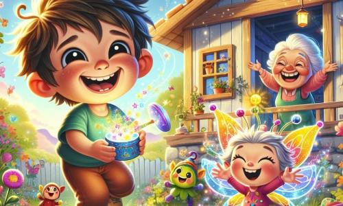 Un băiat de 4 ani, Andrei, cu părul brun zbârlit și ochii strălucind de curiozitate, este în centrul imaginii, râzând cu poftă în timp ce ține o cutie magică care emană un nor de fum colorat. Lângă el, un spiriduș numit Zâmbilici, un personaj mic și vesel cu o pălărie mare colorată și aripi strălucitoare, face un gest magic cu bagheta sa, creând jucării care dansează în jurul lor. În fundal, bunica lui Andrei, o femeie în vârstă cu părul argintiu și un zâmbet cald, stă pe pragul casei, râzând de scenă în timp ce privește florile care dansează în grădină. Locul este o grădină minunată, plină de flori strălucitoare, fluturi zburând și o casă din lemn rustic, sub un cer albastru însorit. Situația principală arată cum Andrei și Zâmbilici se distrează împreună, înconjurați de jucării animate și flori dansante, creând o atmosferă veselă și magică.