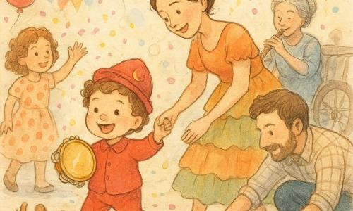 Niño de 2 años, alegre y asombrado, pelo castaño rizado, traje rojo con gorro de luna, sacudiendo una pandereta brillante; su madre (≈30) con vestido colorido de volantes y moño, lo toma de la mano y baila, el padre (≈32) barbudo y con camisa a cuadros recoge una zapatilla agachado, una niña de ≈5 con vestido de lunares lanza confeti rosa y amarillo, una anciana (≈70) con moño gris toca la flauta sentada, y un perro pequeño con lazo azul corre alrededor; la plaza del carnaval empedrada está llena de guirnaldas multicolores, farolillos de papel, banderolas, globos rojos y azules y un puesto de música con tambor, el suelo ligeramente húmedo refleja las linternas—momento cálido y animado en el que el niño sacude su pandereta en medio de una ronda familiar, confeti y burbujas, luz suave y colores vivos.