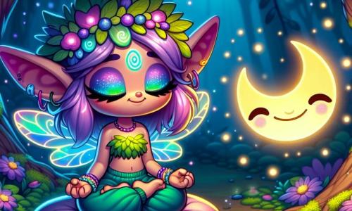 Lila, una pequeña criatura mágica con piel suave como el musgo y grandes orejas puntiagudas, está sentada en posición de loto sobre un cojín mullido, con los ojos cerrados y una sonrisa pacífica en el rostro. Sus ojos brillan con un destello esmeralda y violeta, y lleva un collar brillante que cambia de color. A su lado, una sonrisa flotante, luminosa y alegre, con forma de luna creciente, danza en el aire, emitiendo una suave luz dorada. Parece feliz y juega con destellos de luz, creando una atmósfera mágica a su alrededor. El lugar es un claro encantado, bañado por la luz de la luna, rodeado de árboles con hojas brillantes y flores coloridas que florecen en la oscuridad. El suelo está cubierto de un tapiz de musgo suave y pétalos de flores, creando una atmósfera serena y acogedora. Lila respira profundamente, rodeada de luz y calma, mientras la sonrisa flotante la acompaña en su búsqueda de paz interior, creando una escena de relajación y bienestar.
