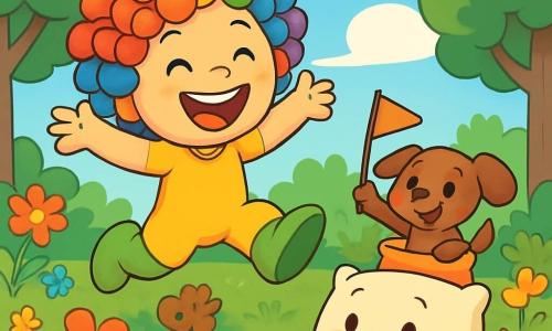Pelusa, un juguete de peluche con cabello rizado y colorido, irradia alegría con una gran sonrisa en su rostro. Está saltando de felicidad en medio de un jardín soleado, rodeado de flores brillantes y guirnaldas coloridas. A su lado, el pequeño hueso de peluche, con pelaje marrón y ojos chispeantes, mira con una sonrisa traviesa, sosteniendo una pequeña bandera de tela. Está preparando una carrera de sacos, listo para divertirse. La gran almohada, suave y esponjosa, está sentada sobre una manta de flores, con los ojos brillantes de emoción, observando la escena con ternura. El jardín está lleno de colores vivos, con flores de todas las tonalidades, guirnaldas colgando de las ramas de los árboles y un cielo azul brillante. La situación principal muestra a Pelusa y sus amigos preparando una alegre fiesta sorpresa para su mamá, la gran almohada, en un ambiente festivo y cálido.