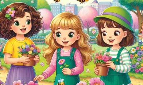 Drei Mädchen, etwa 8 Jahre alt, stehen in einem Park im Frühling. Lena, mit lockigen braunen Haaren und einem gelben T-Shirt, lächelt und hält einen kleinen Blumentopf in den Händen. Links von ihr schaut Mia, mit glatten blonden Haaren in einem rosa Kleid, staunend auf eine Gruppe bunter Blumen. Rechts beobachtet Sophie, mit kastanienbraunen Haaren und einer grünen Mütze, neugierig die Bienen, die um die Blumen fliegen. Der Park ist bunt, mit blühenden Bäumen und einer grünen Wiese, die mit bunten Blumen übersät ist. In der Ferne spielen Kinder und Vögel singen in den Ästen. Die Mädchen entdecken die Schönheit des Frühlings, während sie lernen, Blumen zu pflanzen und die Insekten zu schätzen, die bei der Bestäubung helfen.