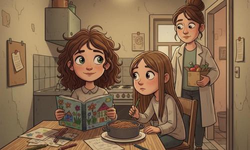 Een 8‑jarige Lotte, glimlachend maar wat melancholisch, warrig krullend bruin haar, heldergroene ogen, eenvoudige lichte versleten jurk, zit aan een lage keukentafel met een kleurrijk schetsboek en een vork; haar moeder (30–40), moe maar teder, haar in een knot, licht mantel over één schouder, staat in de deuropening met een klein provianddoosje; Sara, ook 8, zit op de rand van een stoel, lang steil haar, nieuwsgierige verlegen blik, houdt een potlood vast en leunt naar Lottes schets; de smalle appartementkeuken heeft afgebladderde muren, versleten tegelvloer, gekraste houten tafel, een eenvoudige bord spaghetti, verspreide potloden en papier en warm licht van een hanglamp dat zachte schaduwen geeft; Lotte heeft een bescheiden spaghetti bereid, de tafel gedekt en toont trots haar grote tekening aan de moeder die thuiskomt — tedere, bescheiden en hoopvolle sfeer met contrast tussen versleten texturen en felle tekenskleuren.