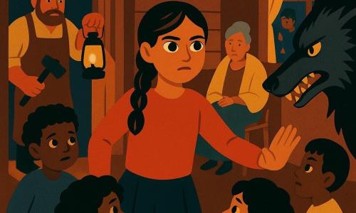 Una niña de 12 años, Inés, con rostro concentrado y valiente, ojos grandes y cabello castaño en trenza, de pie en el centro de un círculo de niños con la palma abierta en actitud protectora; Clara, también unos 12 años, de rizos, sujeta de la mano a un compañero junto a la puerta lista para correr a buscar ayuda; el herrero, hombre de unos 45 años, corpulento, con delantal de cuero, sostiene un gran martillo y una linterna encendida en la ventana iluminando la calle; la señora Lidia, anciana de unos 70 años, cabello gris recogido, sentada al fondo cubierta con una manta, aliviada pero temblorosa; el gran lobo malvado, silueta masiva y garras, pelaje negro y gris, ojos ámbar, amenazante pero sorprendido por la luz; lugar: pequeña casa de madera al final de la calle del pueblo, interior en tonos cálidos, chimenea apagada y una cortina entreabierta que deja pasar una franja de luz amarilla desde la calle brumosa; escena: los niños forman un círculo cerrado en el centro mientras el lobo irrumpe por la puerta y vecinos llegan a la ventana con lámparas, creando una composición dramática de fuertes contrastes entre la sombra fría del lobo y los halos cálidos de las lámparas.