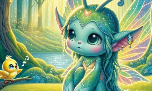 Mały magiczny stworek z długimi uszami motyla, z błyszczącą skórą w odcieniach niebieskiego i zielonego, siedzi na miękkiej trawie, z zamyślonym i trochę smutnym wyrazem twarzy, z zamkniętymi oczami, jakby słuchał szeptów wiatru. Obok niego mały żółty ptaszek z błyszczącym spojrzeniem, siedzący na gałęzi, radośnie śpiewa, próbując pocieszyć swoją przyjaciółkę zachęcającym uśmiechem. Tło to piękny zaczarowany las, w którym drzewa mają liście w kształcie serca, a kwiaty błyszczą w tysiącu kolorów, tworząc magiczną i ciepłą atmosferę. W oddali jezioro błyszczy w słońcu, dodając odrobinę spokoju do tego baśniowego krajobrazu. Scena przedstawia moment, w którym mały magiczny stworek odpoczywa, zdając sobie sprawę, że musi nauczyć się słuchać swojego ciała i dbać o siebie, podczas gdy jego przyjaciel śpiewa, aby przywrócić mu uśmiech.